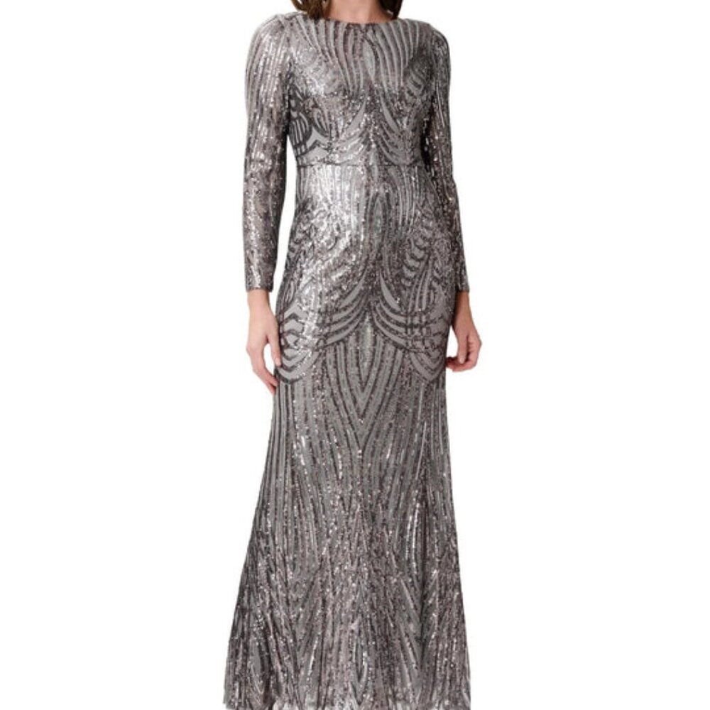 ADRIANNA PAPELL Long Sleeve Stretch Sequin Mermaid Gown Sz 2,4,6
